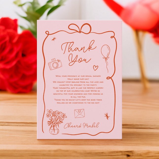 Retro pink red handdrawn illustrated bridal shower thank you card (Retro pink red handdrawn illustrated bridal shower thank you card)