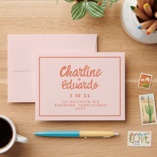 Retro Pink &Red Handwriting Wedding  Envelope (Desk)