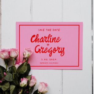 Retro Pink &Red Handwriting Wedding Save the Date