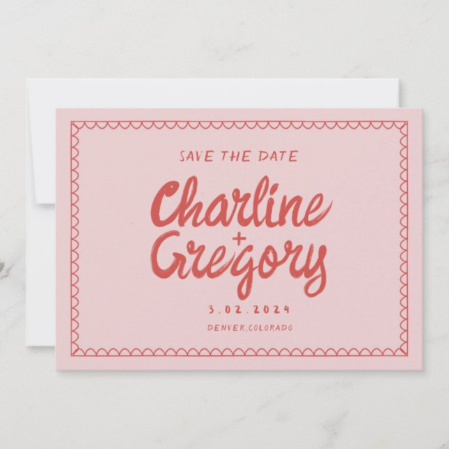 Retro Pink Red Handwriting Wedding Save the Date Invitation (Front)