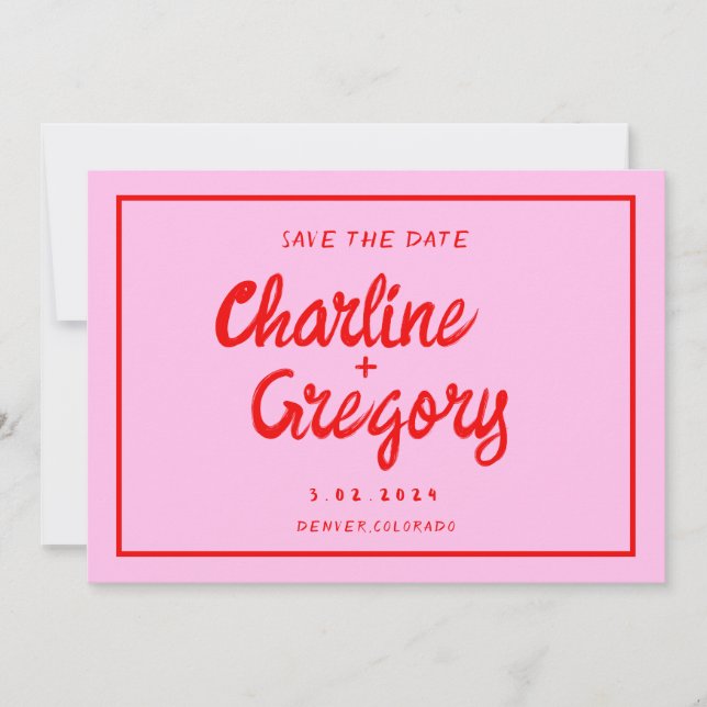 Retro Pink Red Handwriting Wedding Save the Date Invitation (Front)