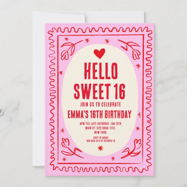 Retro Pink Red Handwritting Sweet 16 Birthday  Invitation (Front)
