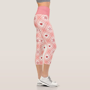 Retro Pink, Red Heart And Snowflakes Pattern Capri Leggings
