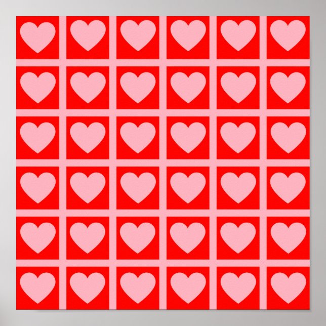 Retro Pink Red Heart Check Y2K Pattern  Poster (Front)