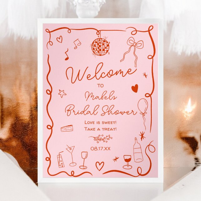 Retro pink red  illustrated welcome bridal shower poster (Retro pink red hand drawn illustrated bridal shower poster)