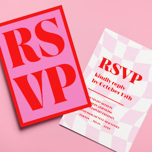 Retro Pink Red Pattern Bold Typography Wedding RSVP Card