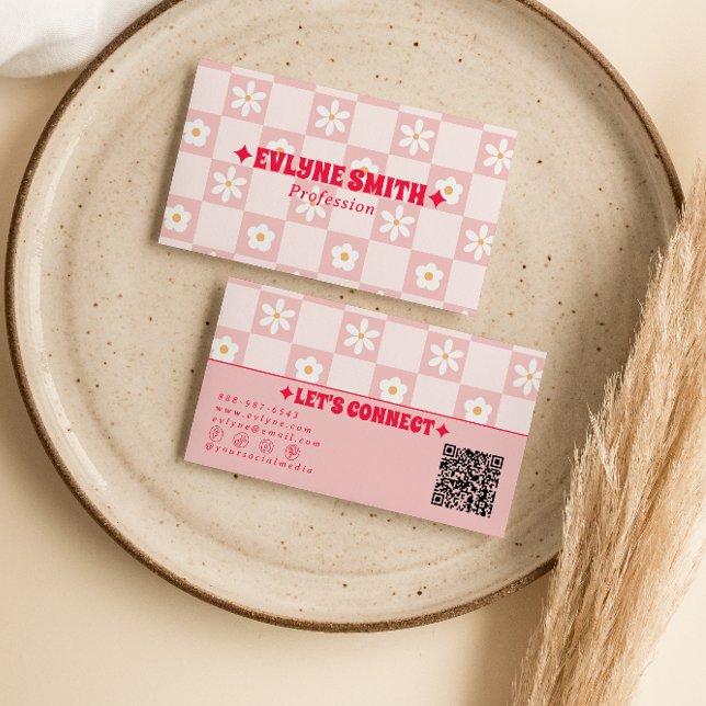 Retro Pink Red QR Code Checkered Groovy Floral  Business Card (Creator Uploaded)