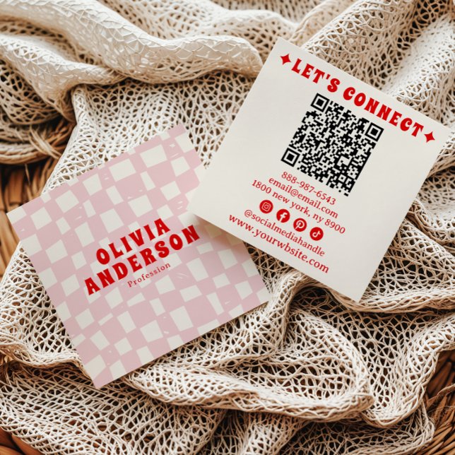 Retro Pink Red QR Code Groovy Chequered Girly Boho Square Business Card (Creator Uploaded)