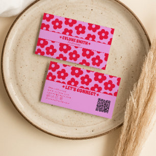 Retro Pink Red QR Code Groovy Floral Boho Girly  Business Card