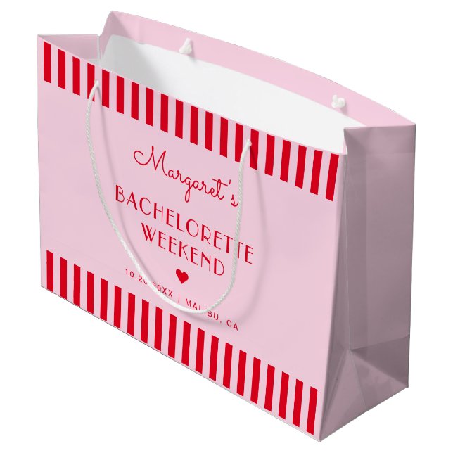 Retro Pink & Red Stripes Bachelorette Party Large Gift Bag (Back Angled)