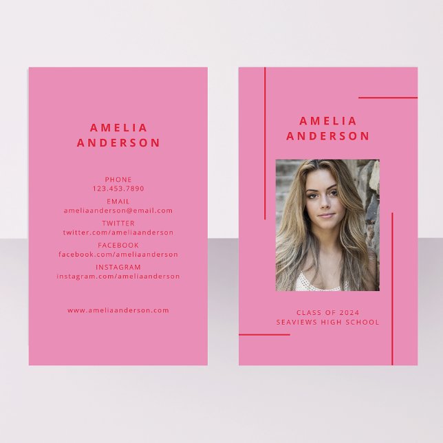Retro Pink Red Typography Photo Graduation Business Card (Creator Uploaded)