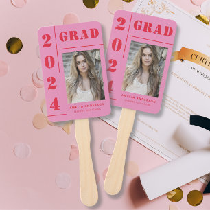 Retro Pink Red Typography Photo Graduation Party Hand Fan