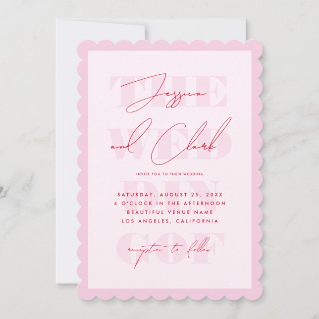 Retro Pink & Red Typography Script Simple Wedding Invitation (Front)