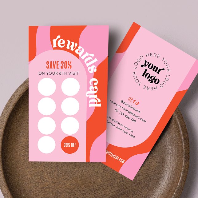 Retro Pink & Red Unique Beauty Salon Nail Spa Loyalty Card (Trendy business loyalty cards in red and pink with retro fonts and your logo)