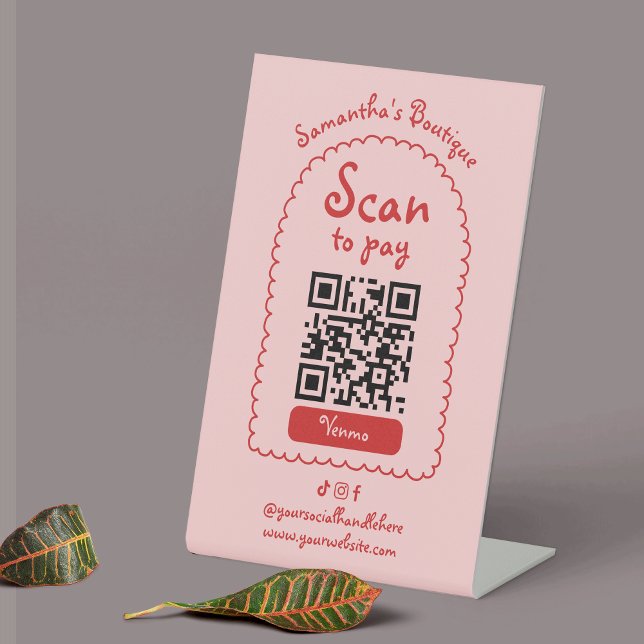 Retro Pink & Red Unique Girly Scan To Pay QR Code Pedestal Sign (Creator Uploaded)
