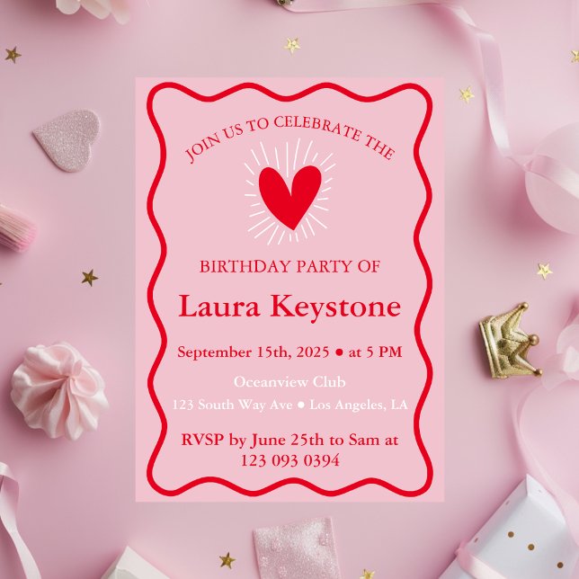 Retro Pink & Red Wavy Birthday Invitation (Pink and Red Wavy Chic Invite)