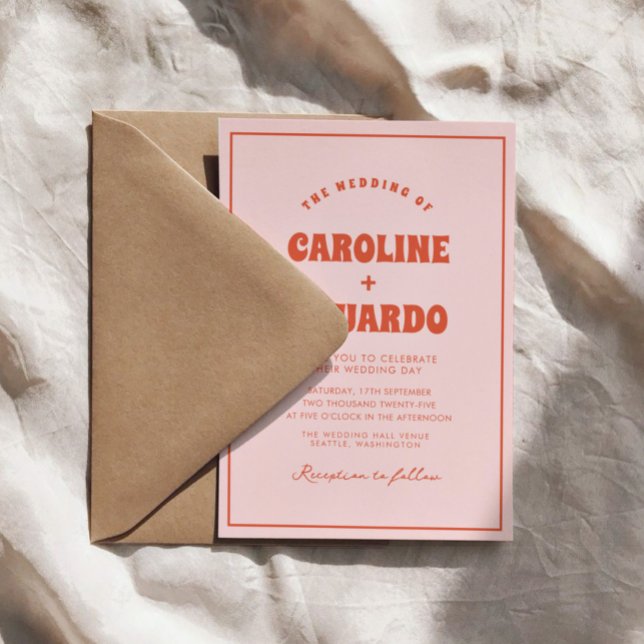 Retro Pink Red  Wavy Boho Wedding Qr Code   Invitation (Creator Uploaded)