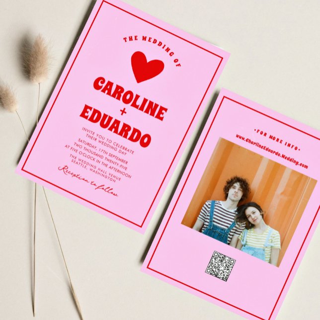 Retro Pink Red  Wavy Boho Wedding Qr Code   Invitation (Creator Uploaded)