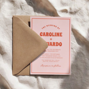 Retro Pink Red Wavy Boho Wedding Qr Code Invitation