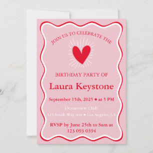 Retro Pink Red & White Wavy Birthday  Invitation