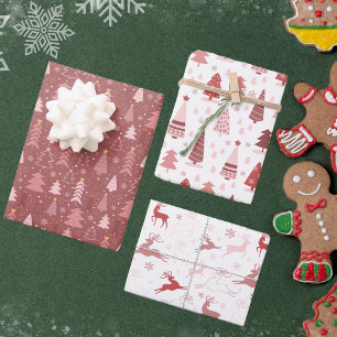 Retro Pink Reindeer and Christmas Trees Wrapping Paper Sheet