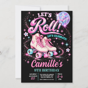 Retro Pink Roller Skate Disco Girl Birthday Party Invitation