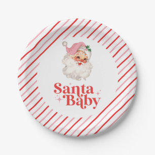 Retro Pink Santa Baby christmas baby shower Paper Plate