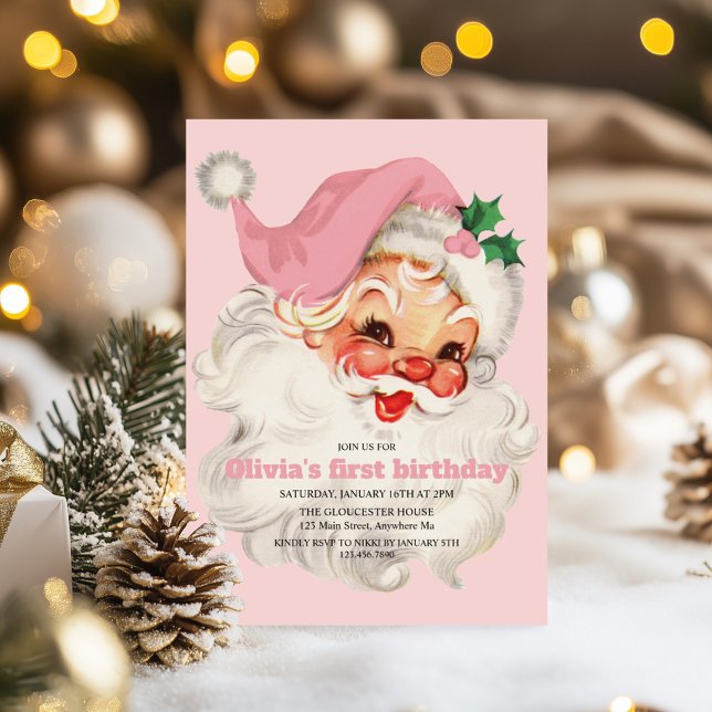 Retro Pink Santa birthday Invitation (Creator Uploaded)
