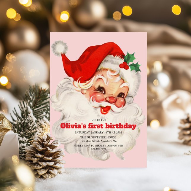 Retro Pink Santa birthday Invitation (Creator Uploaded)