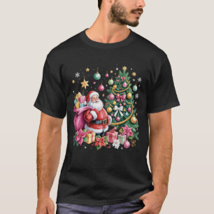 Retro Pink Santa Coquette Christmas Cute Tree Girl T-Shirt