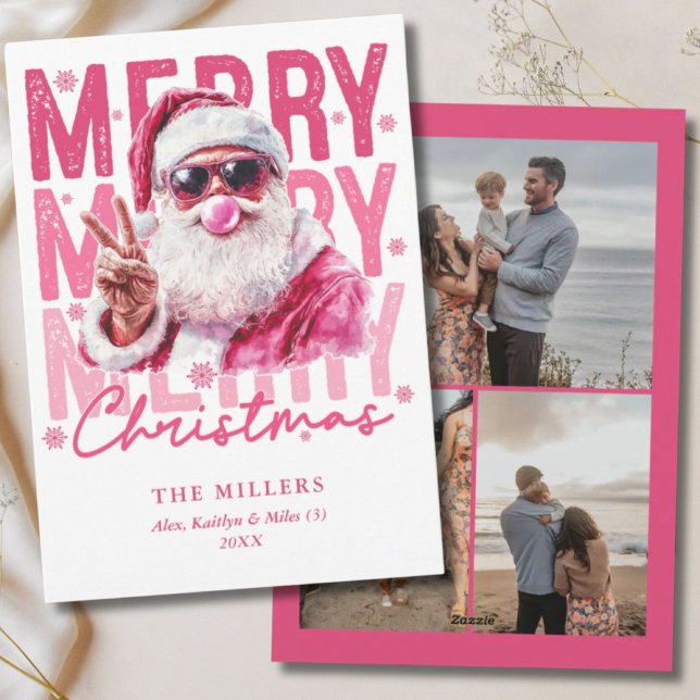 Retro Pink Santa Merry Christmas 3 Photo Family Holiday Card (Retro Pink Santa Merry Christmas 3 Photo Family Holiday Card
)
