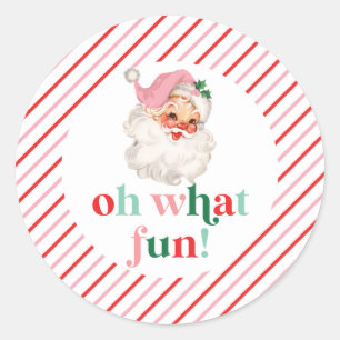 Retro Pink Santa Oh What Fun Classic Round Sticker