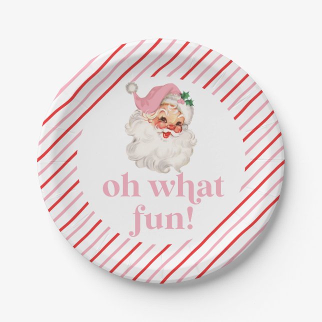 Retro Pink Santa Oh What Fun Paper Plate (Front)