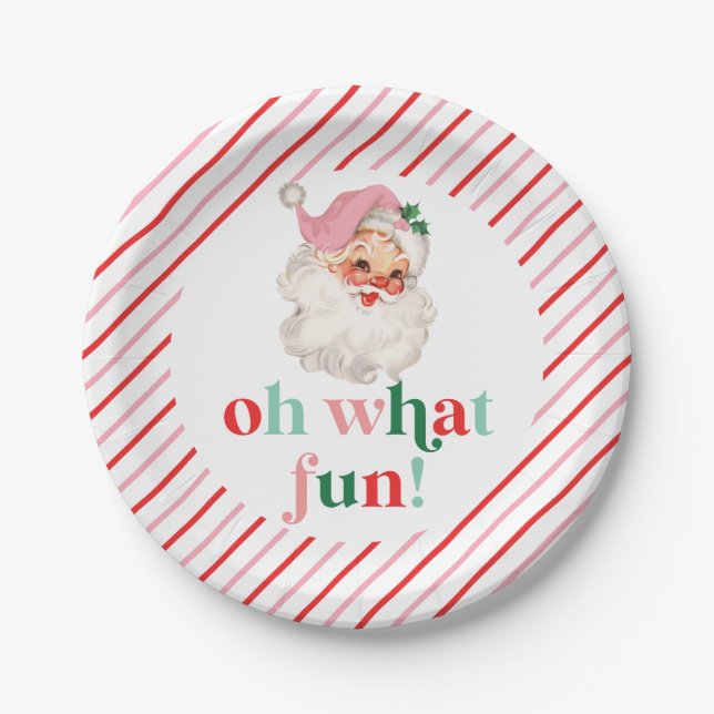 Retro Pink Santa Oh What Fun Paper Plate (Front)