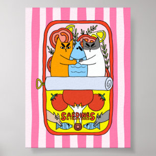 Retro Pink Sardine Cat Illustration Kitchen Poster
