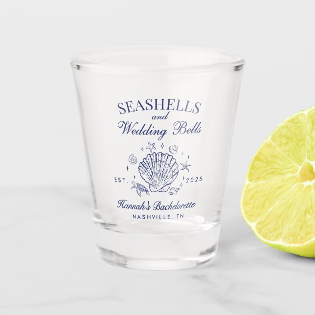 Retro Pink Seashells & Wedding Bells Bachelorette  Shot Glass (Front)