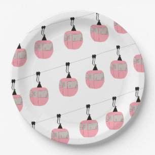 Retro Pink Ski Gondola Lift Skiers  Paper Plate