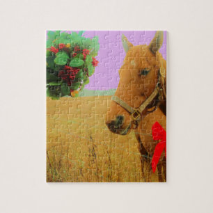 Retro pink sky Christmas Horse Jigsaw Puzzle