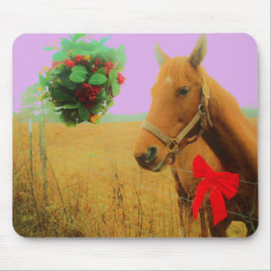 Retro pink sky Christmas Horse Mouse Pad