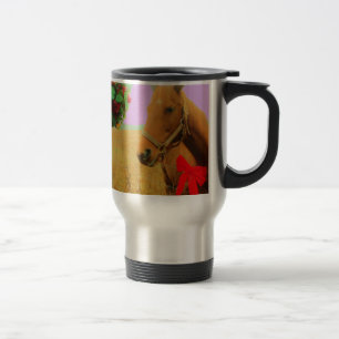 Retro pink sky Christmas Horse Travel Mug