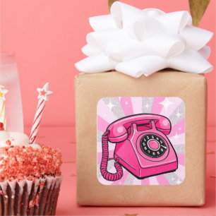 Retro Pink Sparkle Rotary Landline Phone  Square Sticker