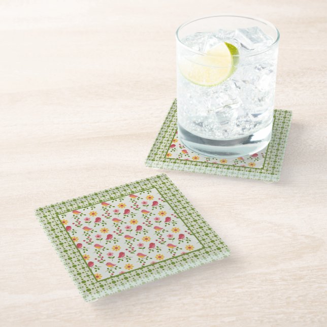 Retro Pink Spring Birds Panel   Glass Coaster (Angled)