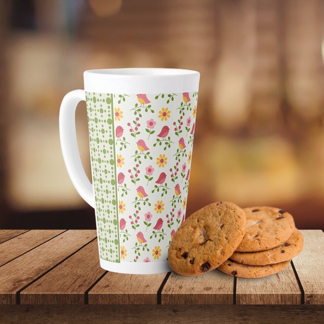 Retro Pink Spring Birds Panel  Latte Mug (Creator Uploaded)