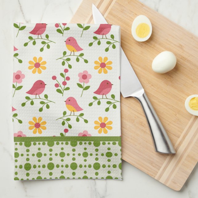 Retro Pink Spring Birds Panel  Tea Towel (Quarter Fold)