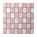 Retro Pink Starbursts Ceramic Tile<br><div class="desc">This Retro Pink and White Starbursts Ceramic Tile is so adorably space age you won’t be able to contain your enthusiasm. And, why would you want to? This 1960’s mid century modern inspired design features a dark heather grey background and rows of perfectly imperfect rectangles in turquoise, white, and dove...</div>