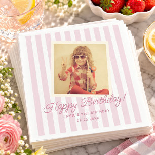 Retro Pink Stripe Custom Photo Birthday Napkin