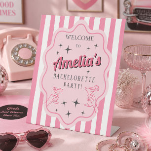 Retro Pink Striped Bachelorette Party Welcome  Pedestal Sign