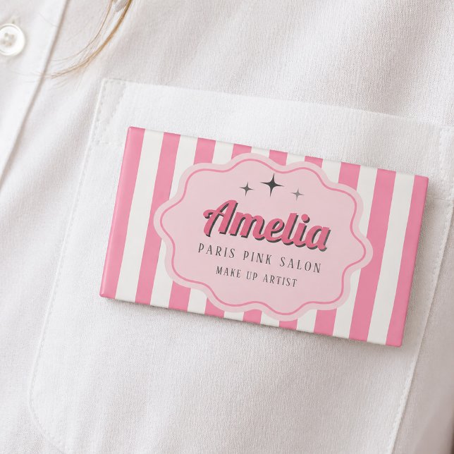 Retro Pink Striped Cosmetology  Name Tag (Retro Pink Striped Cosmetology Name Tag)