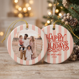 Retro Pink Stripes Family Photo Ceramic Tree Decoration