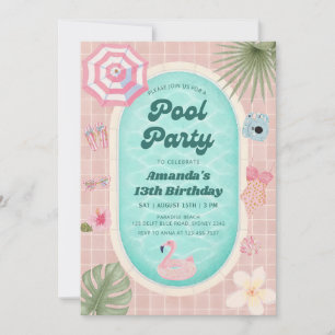 Retro Pink Summer Pool Party Birthday Invitation